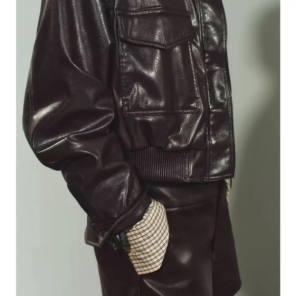 Zara Brown Faux Leather Bomber Jacket - Picture 6 of 9